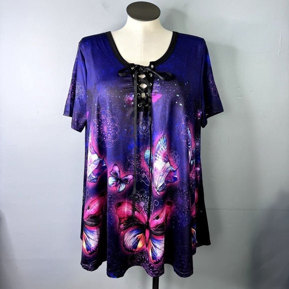 Rosegal Tops - RoseGal Purple Pink Galaxy Butterfly Mandala Lace Up Swing Top Womens Plus Sz 4X